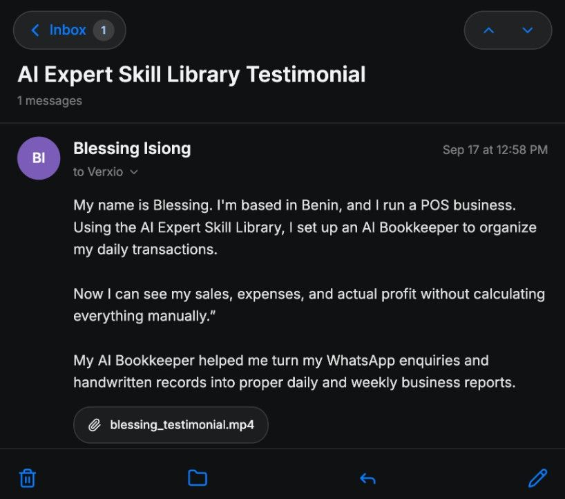 Email from Blessing Isiong: using the AI Expert Skill Library to set up an AI Bookkeeper for a POS business in Benin.