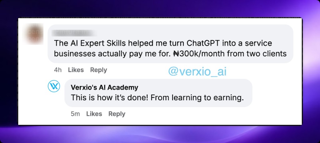 Customer chat: The AI Expert Skills helped me earn ₦300k per month from two clients.