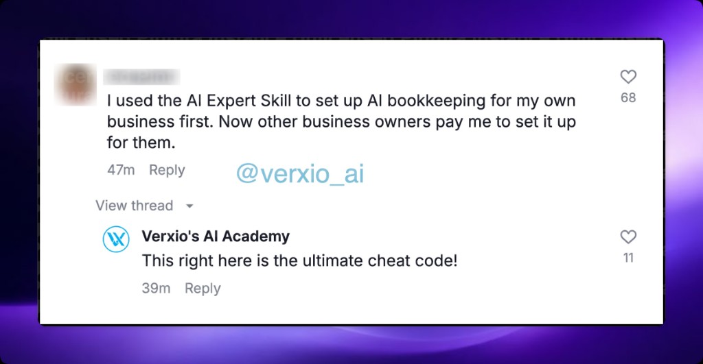 Customer chat: I used the AI Expert Skill to set up AI bookkeeping for my own business, and other business owners now pay me to set it up for them.