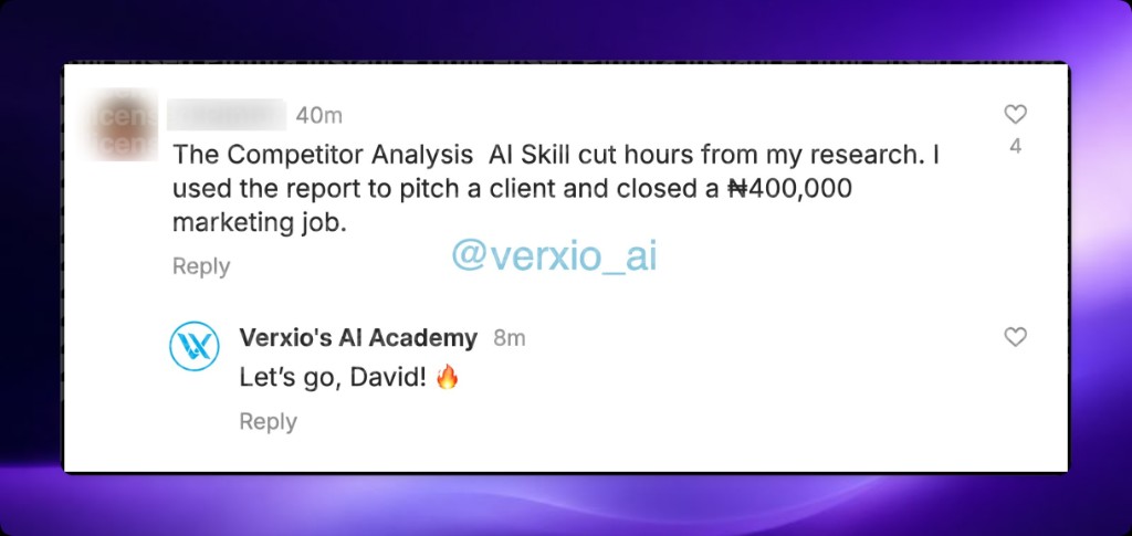 Customer chat: David used the Competitor Analysis AI Skill to close a ₦400,000 marketing job.