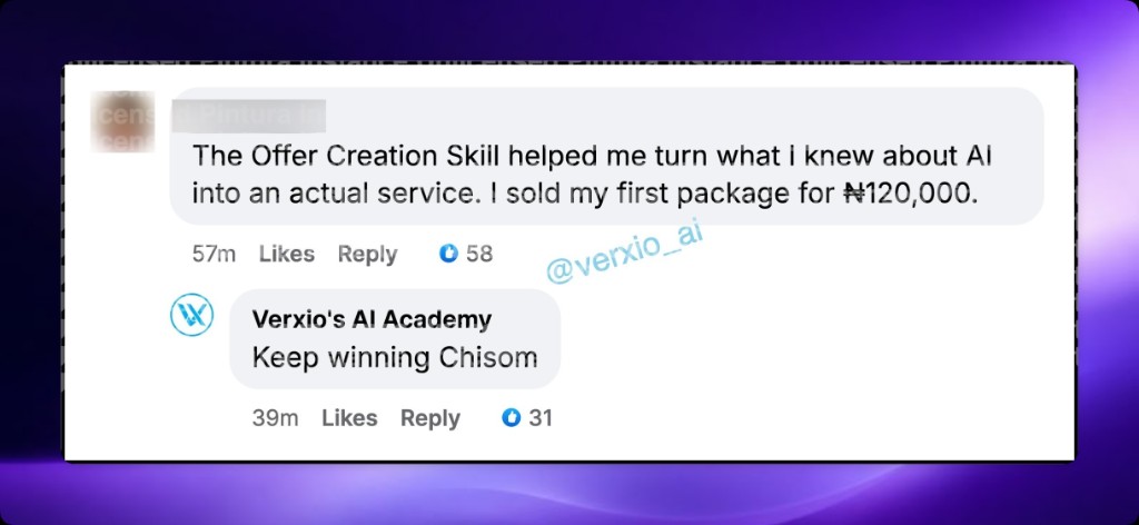 Customer chat: The Offer Creation Skill helped me sell my first package for ₦120,000.