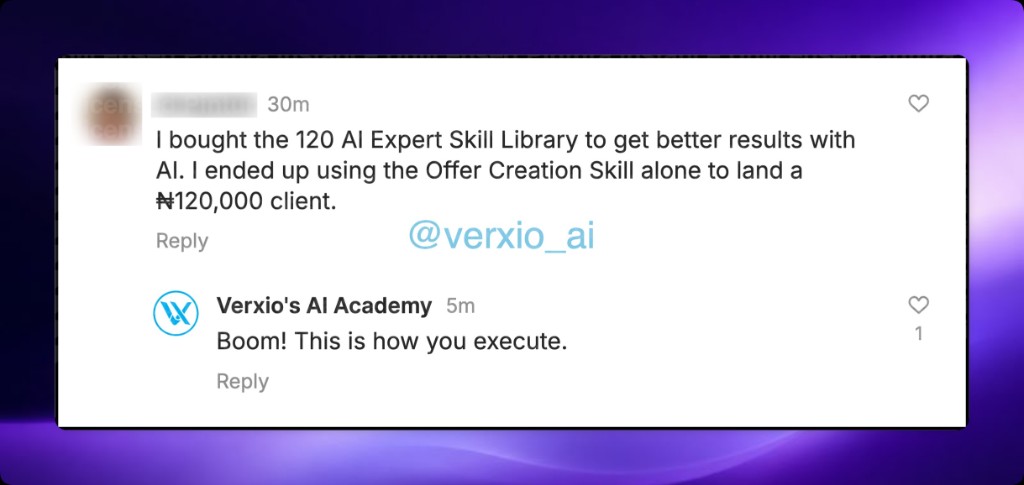 Customer chat: I used the Offer Creation Skill from the 120 AI Expert Skill Library to land a ₦120,000 client.